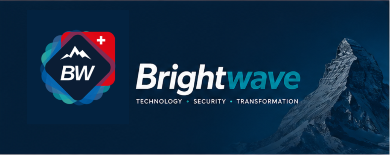 Brightwave — Technology, Security, Transformation, avec le symbole suisse et le Cervin